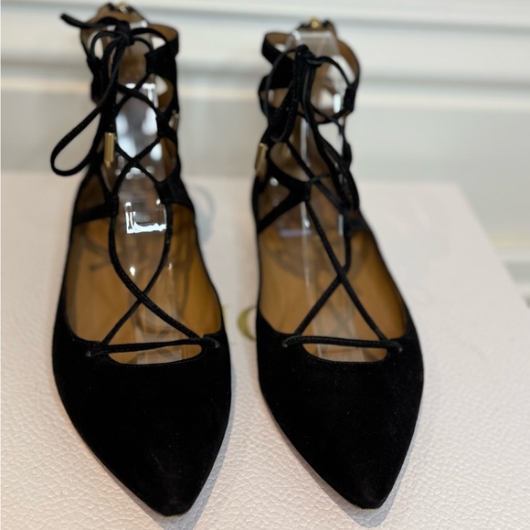 PERFECT FALL BALLET FLATS! Elegant Black Suede Lace Up Aquzzurra Flats - Picture 8 of 10